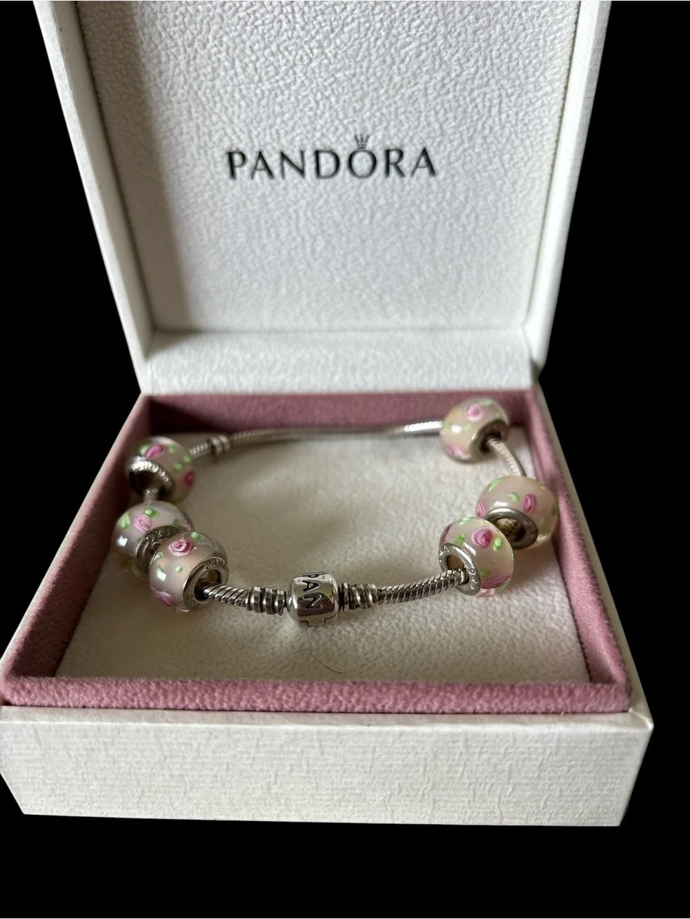 Pandora Silver Bracelet with Pink and Green Floral Glass Beads